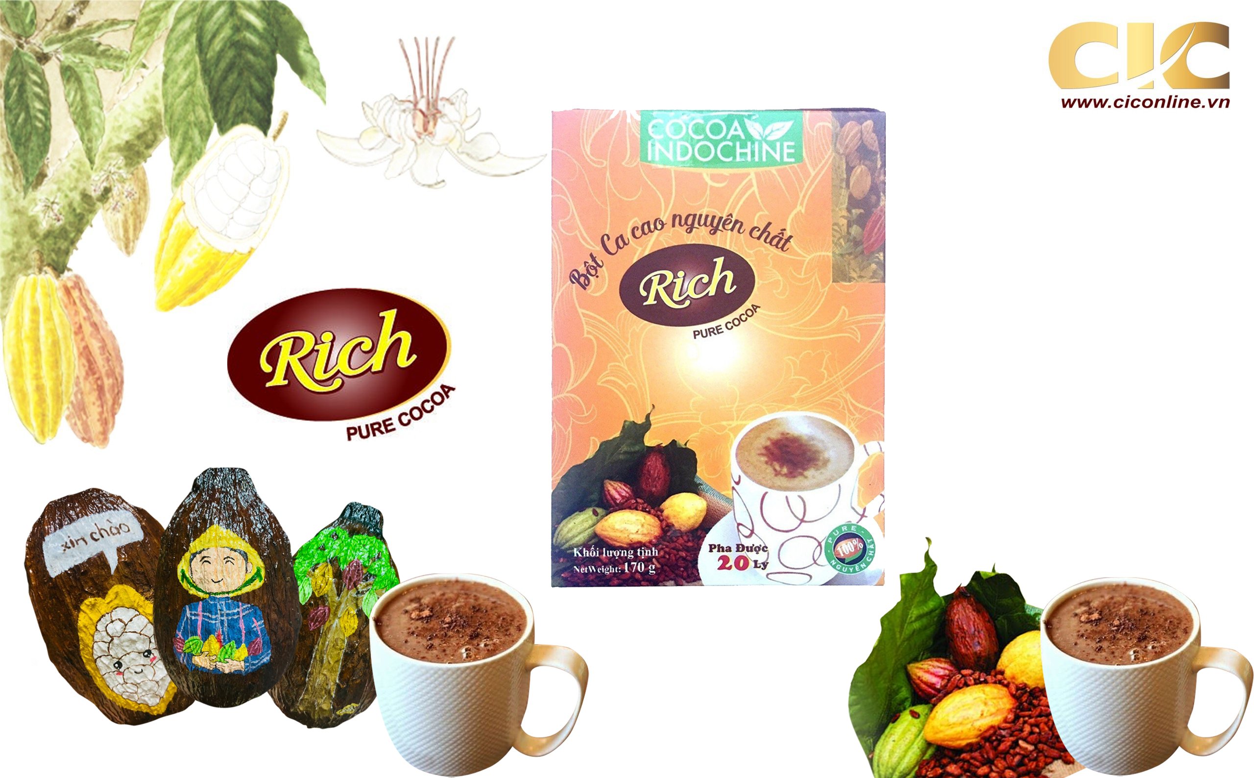 Bột Cacao Hòa Tan Nguyên Chất Rich Cocoa Indochine (Hộp 170g)