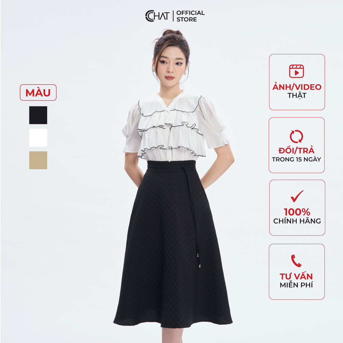 Chân Váy Xòe Rủ Cạp Dây Thân Trước Chất Tuytsi Cao Cấp 53CDS2009XT