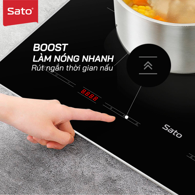 Bếp điện từ thông minh SATO SIH265 N1.3 (B) - Mặt kính thiết kế sang trọng, chịu nhiệt cao, chống trầy xước, chống bám dầu mỡ, vệ sinh dễ dàng ( Tặng bộ nồi Inox 3 đáy)-Miễn phí vận chuyển toàn quốc - Hàng chính hãng