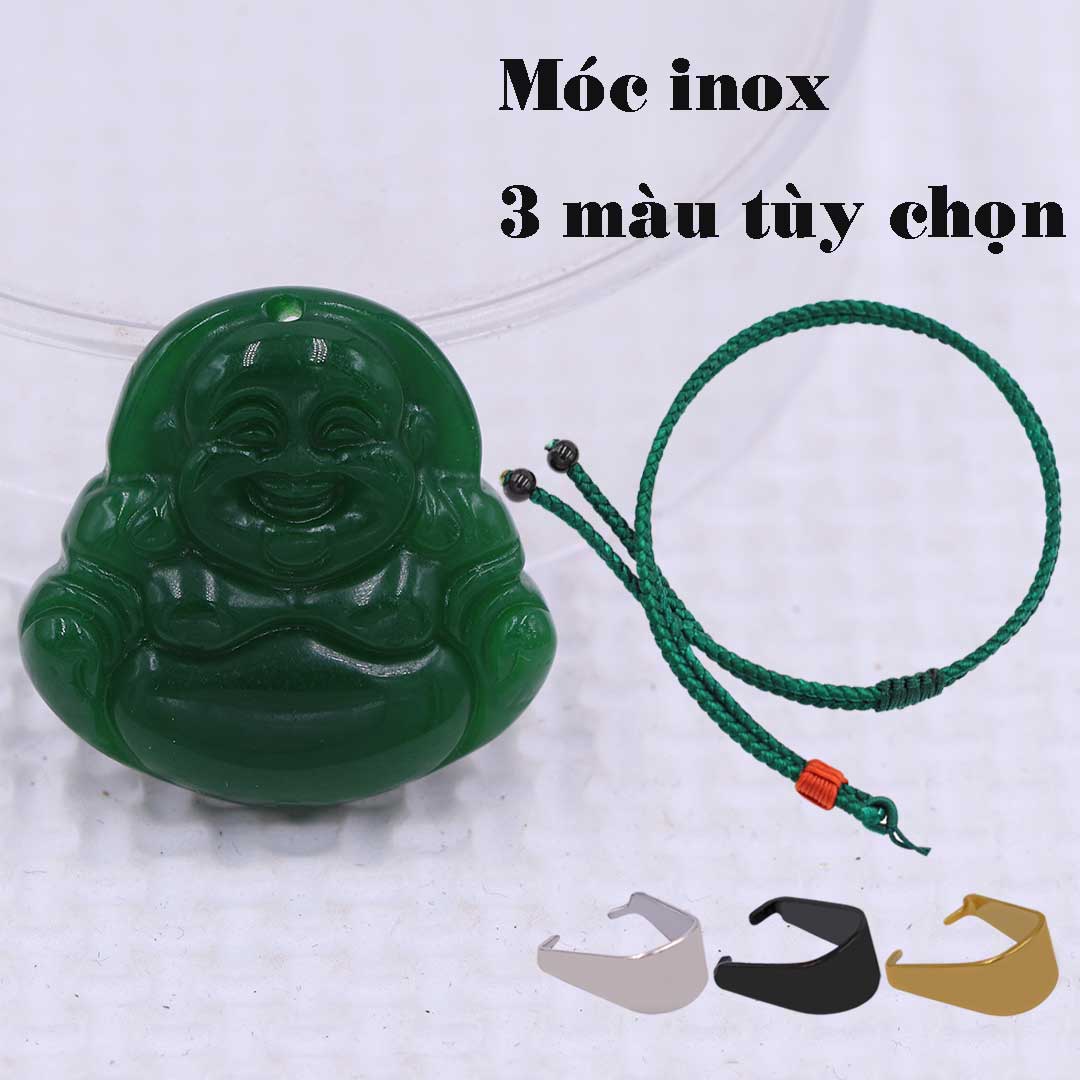 Mặt Phật Di lặc mã não xanh lá 2.9 cm kèm vòng cổ dây dù xanh + móc inox trắng, mặt dây chuyền Phật cười