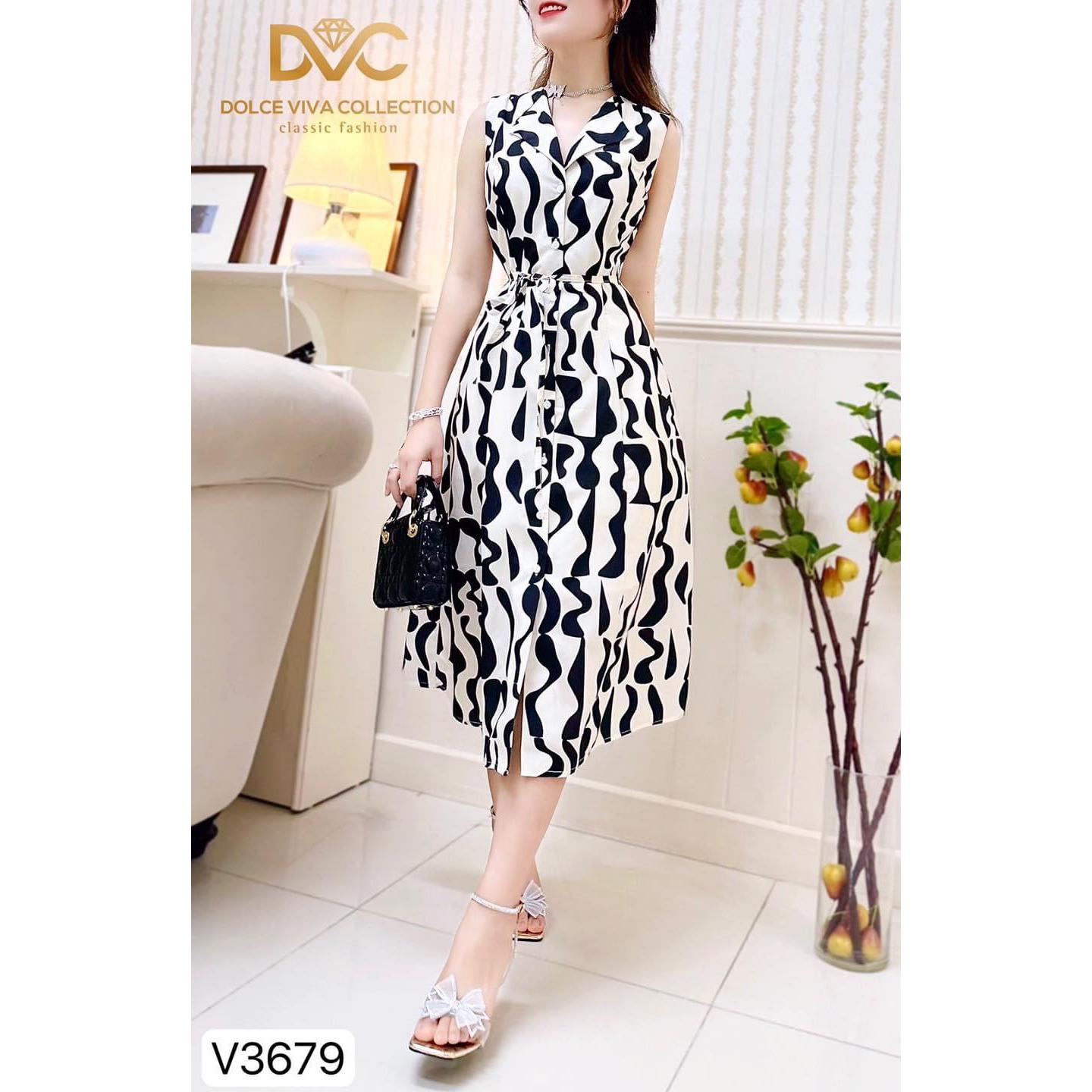 V3679 Váy đen trắng sát nách cổ vest (tặng kèm đai) váy đầm A xoè dài đen trắng sang chảnh