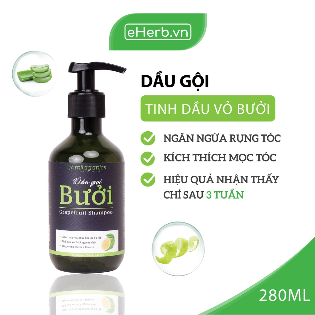 Dầu gội Milaganics Chiết Xuất Từ Tinh Dầu Bưởi Nguyên Chất, Giảm và Ngăn Ngừa Rụng Tóc, Kích Thích Mọc Tóc 280ml/Chai (Mẫu Mới)