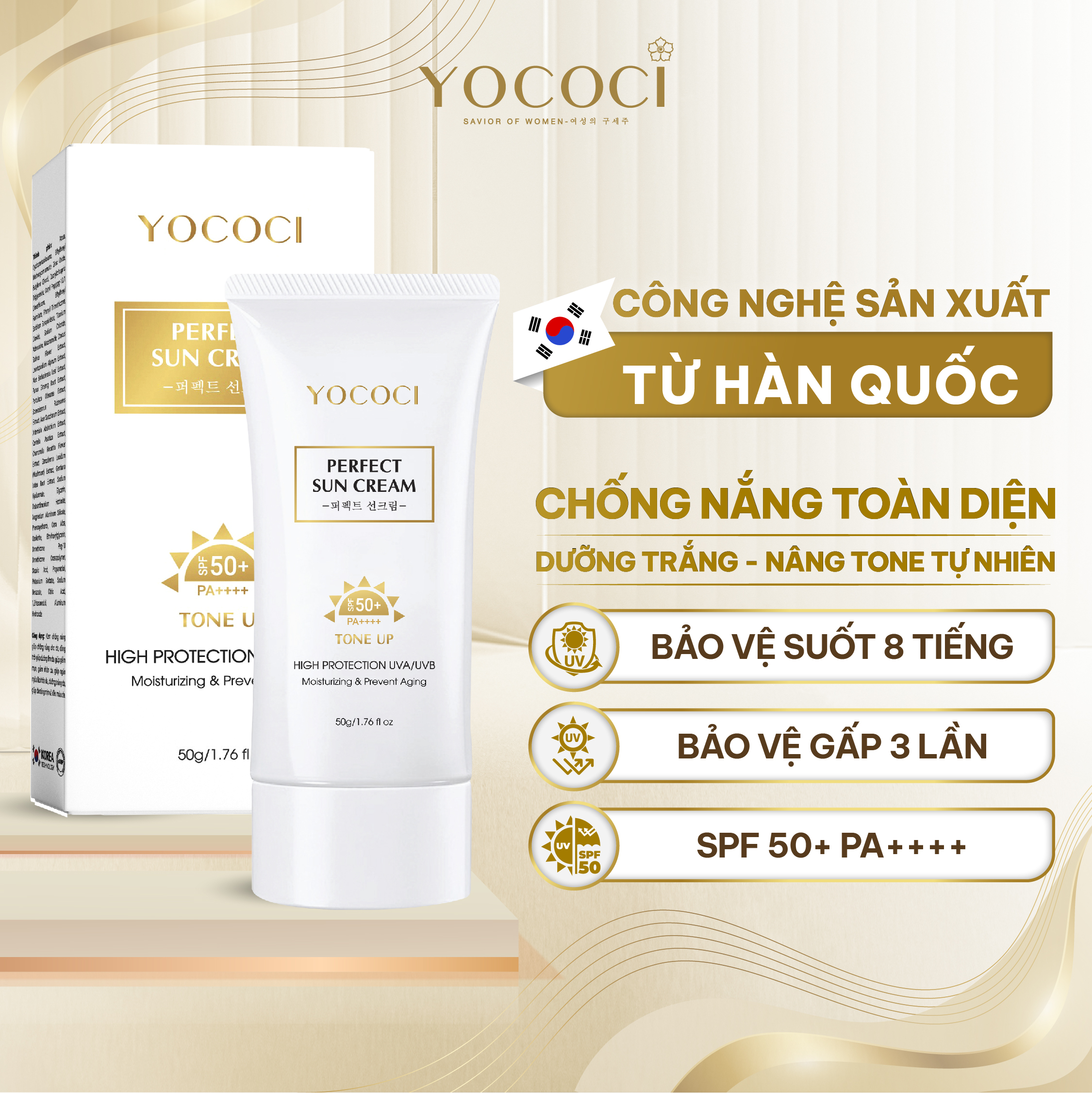 Kem chống nắng Yococi giúp ngăn tia UVA/UVB, nâng tone lâu trôi Perfect Sun Cream SPF50+ PA++++ 50g