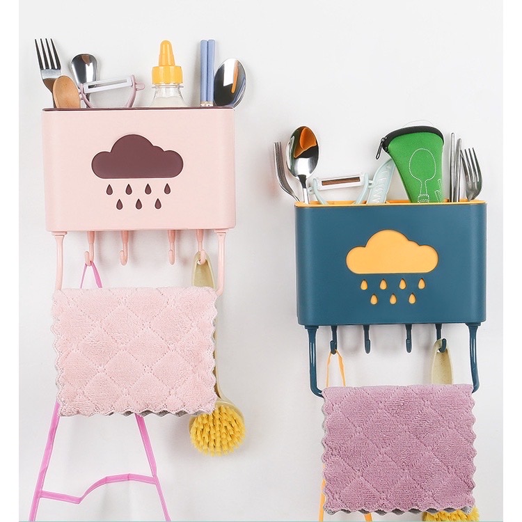 Hộp đựng đũa muỗng treo tường kèm móc treo khăn và dụng cụ bếp, ống đựng đũa muỗng hình đám mây