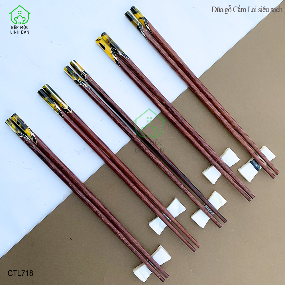 (5 Đôi) Đũa Gỗ Cẩm Lai Tự Nhiên - Đầu Cẩn Thạch Chéo Vân Vàng [CTL718-5]