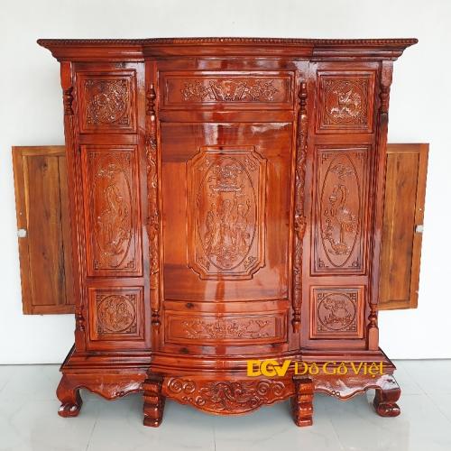 Tủ Thờ Gỗ Tràm Chạm Tam Đa Cổ Điển ,Tủ thờ gỗ tràm bụng phệ Phúc Lộc Thọ ,Tủ thờ gia tiên - Đỏ