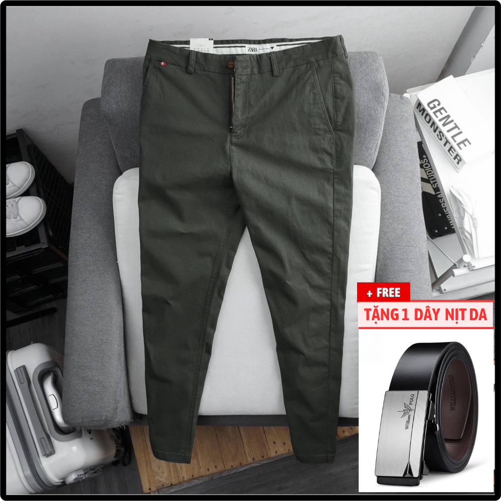 Quần Kaki Nam Tặng 1 Dây Nịt Da Hàng Hiệu Chất Vải Cotton Mềm Mịn, Co Giãn, Chống Nhăn, Nhanh Khô, Độ Bền Cao Chuẩn Phong Cách Thời Trang Dokafashion Dkfqkk01 - Xanh Rêu - 30 57 - 62Kg