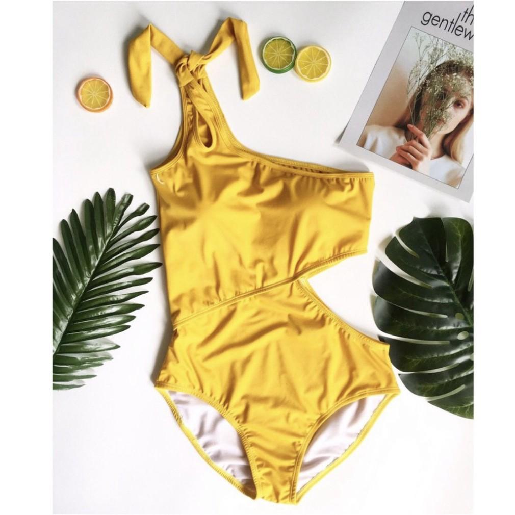 freeship Bikini liền thân lệch vai khoét eo sexy - Vàng sang chảnh - Eva Shop