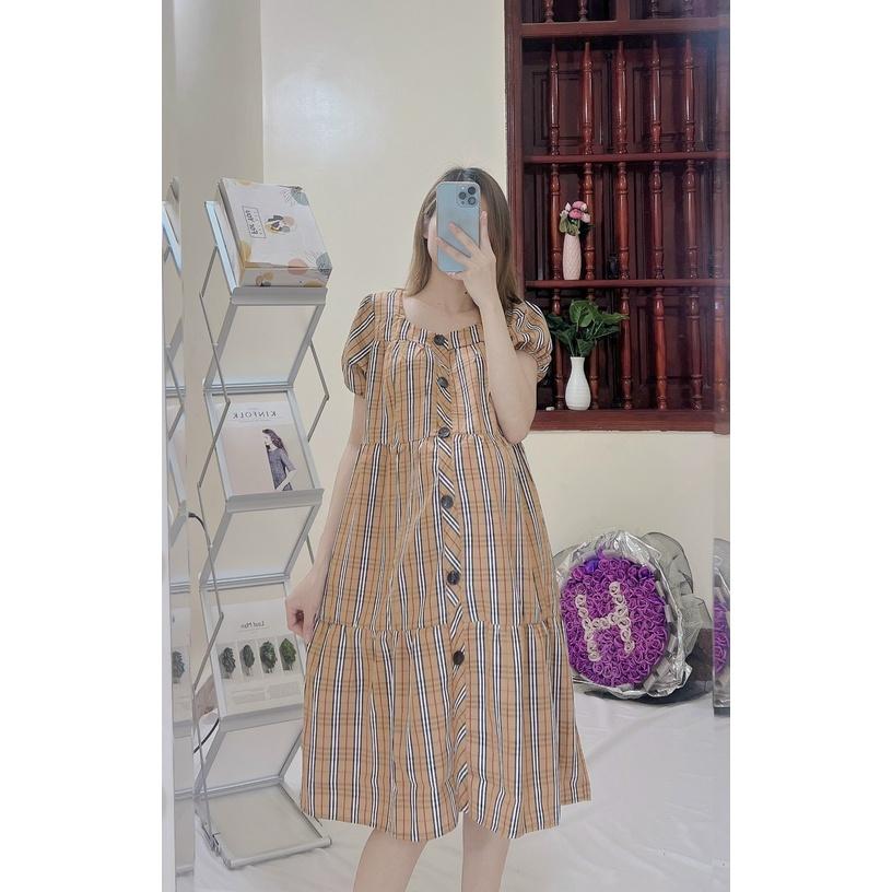 Váy bầu kẻ sọc caro- Đầm cổ vuông tay cộc chất thô đẹp sang chảnh