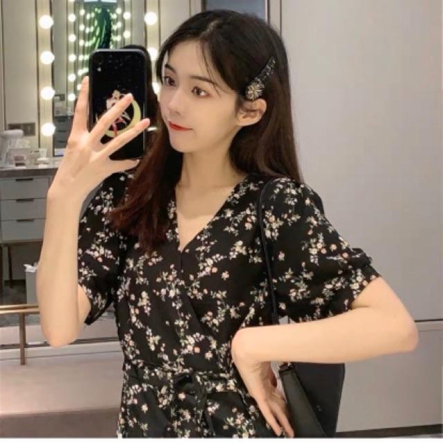 Váy hoa vintage cổ chéo hoa tiết hoa nhí Ulzzang style VKE7026 Hàng Quảng Châu