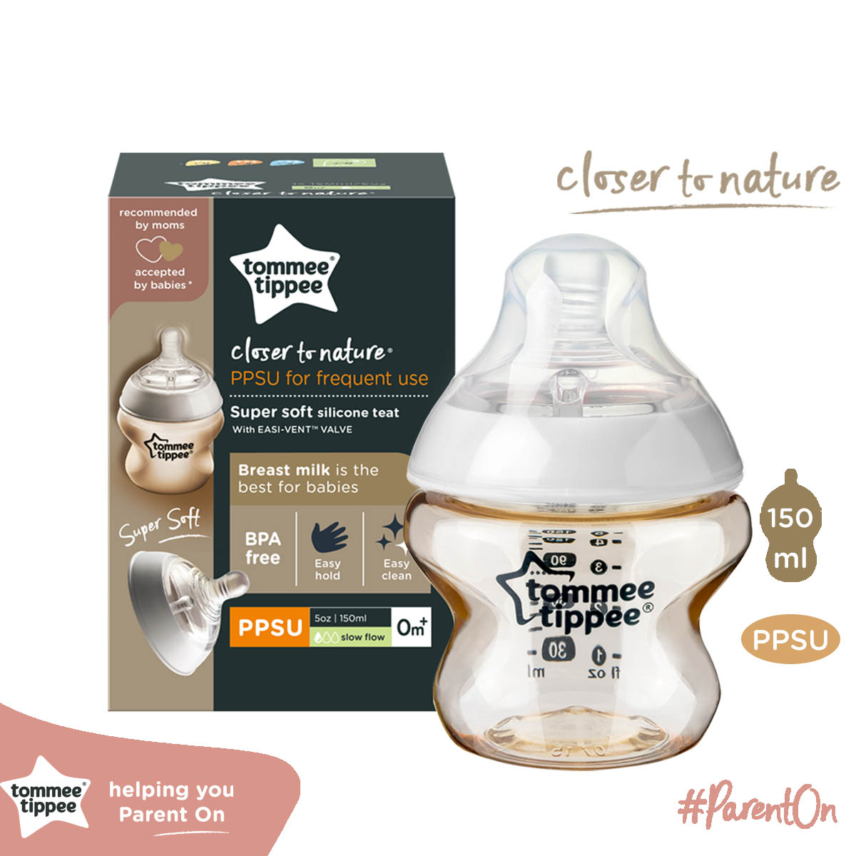 Bình sữa PPSU ty siêu mềm tự nhiên Tommee Tippee Closer to Nature 150ml, núm ty đi kèm 0-3 tháng