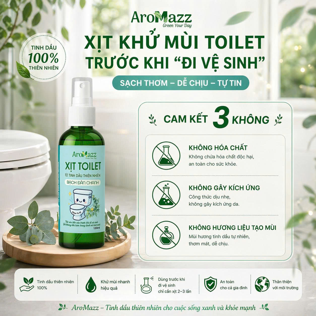 Xịt Khử Mùi Nhà Vệ Sinh Tức Thì Từ Tinh Dầu Thiên Nhiên AroMazz, Khử Mùi Trước Khi Đi Vệ Sinh, An Toàn Dùng Hàng Ngày