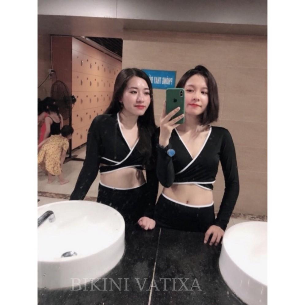 freeship Bikini đồ bơi tay dài đắp chéo quần cạp cao viền trắng cột dây ngực sành điệu VATIXA BKN04