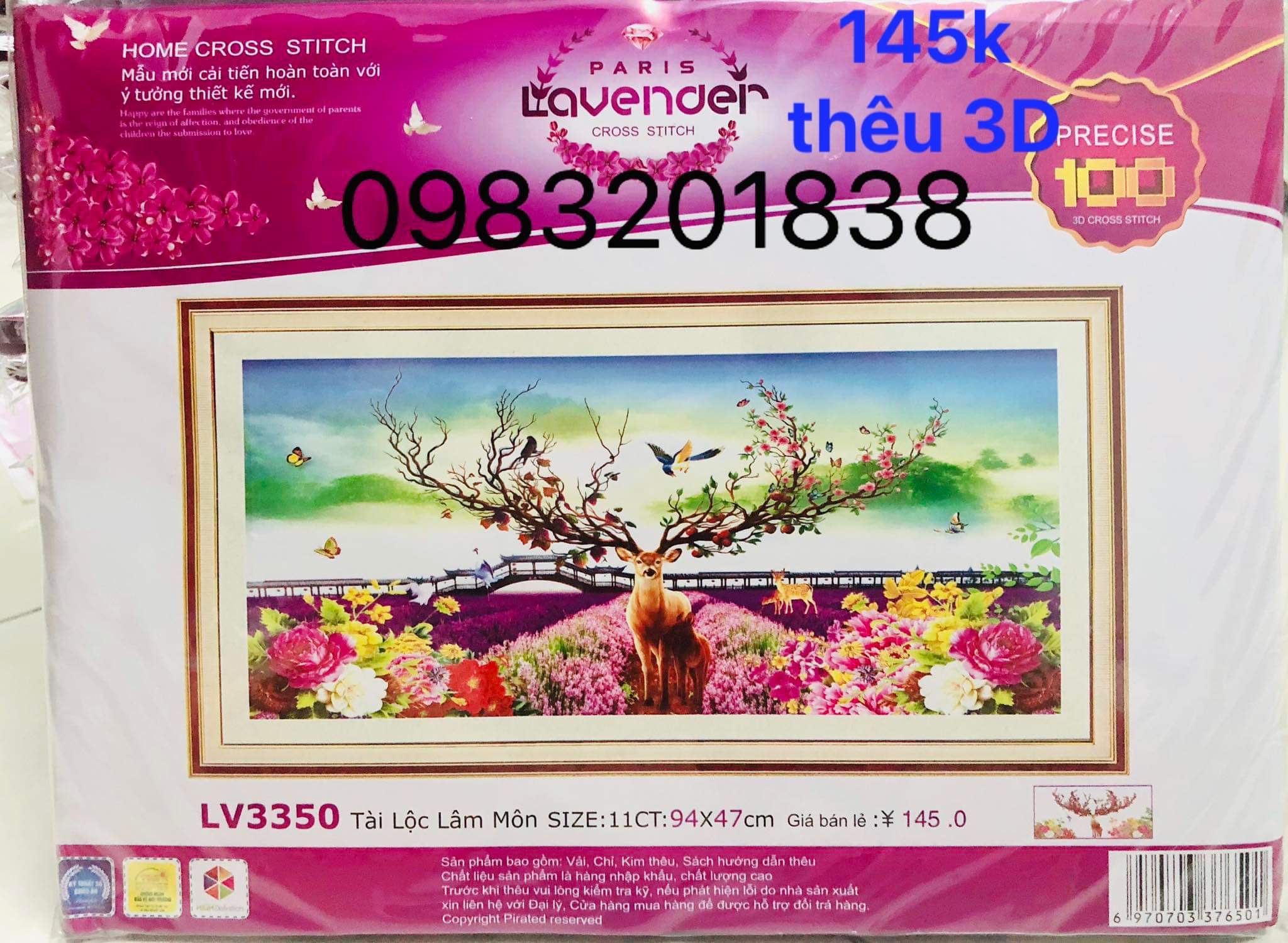 Tranh thêu chữ thập Phúc Lộc Thọ LV3572, kích thước 124 x 43 cm