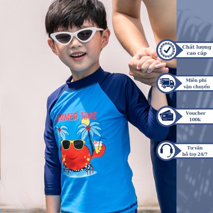 Đồ bơi áo tắm em bé BIKINI PASSPORT KID - Quần lửng, táo tay dài phối họa tiết - Xanh ngọc - KD020_TU