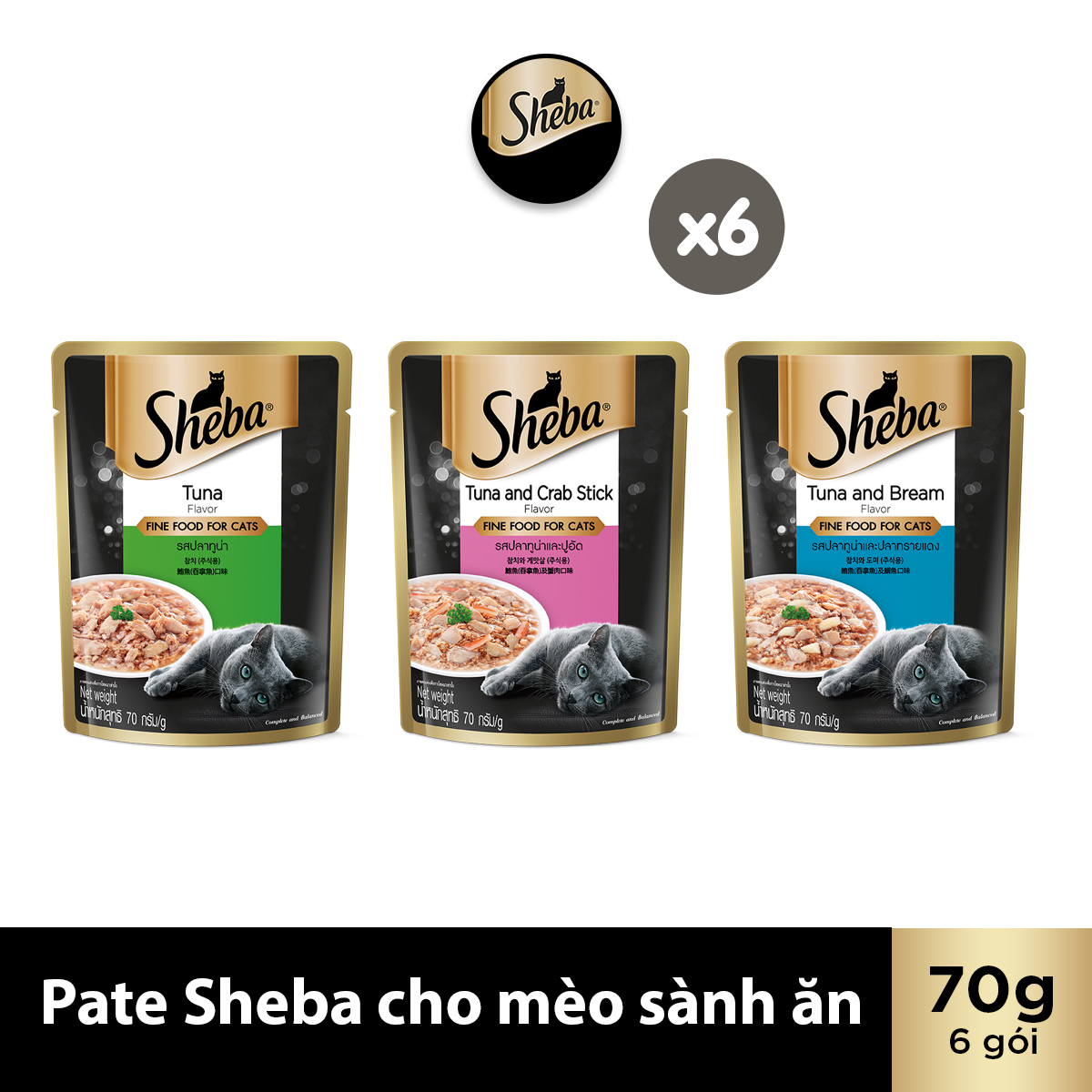 SHEBA Pate cho mèo sành ăn - Thức ăn cho mèo trưởng thành dạng sốt, 70g, 6 gói