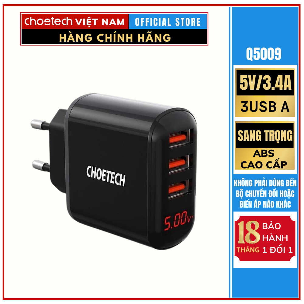 Củ sạc 3 cổng USB A có màn hình hiển thị điện áp Choetech Q5009 (Hàng chính hãng)