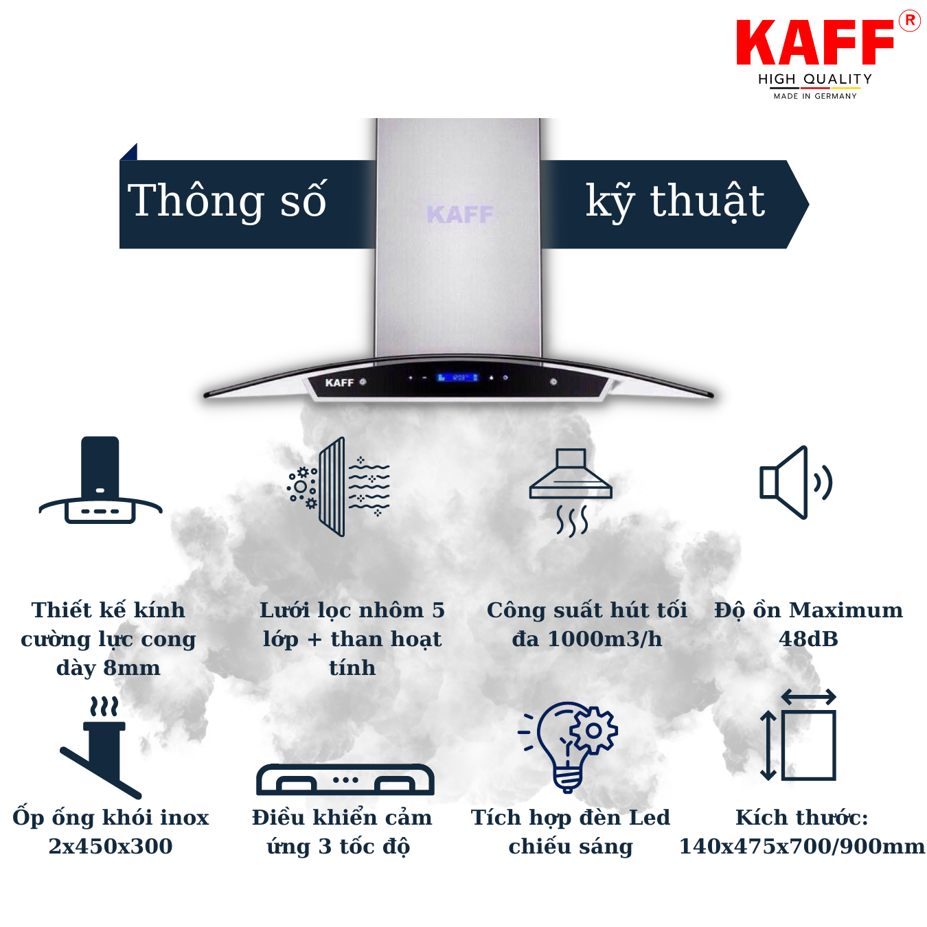 Máy hút mùi kính cong cảm ứng 700mm KAFF KF_GB027 Tặng bộ lọc than thay thế _ Hàng Chính Hãng