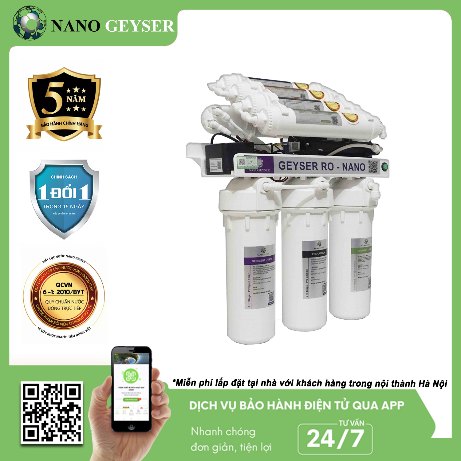 Máy lọc nước Nano Geyser RO Hydrogen công nghệ lọc RO - Hàng Chính Hãng