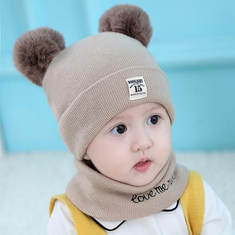 Mũ len trẻ em 2 quả bông kèm khăn quàng cổ giữ ấm cho bé từ 6tháng đến 3 tuổi