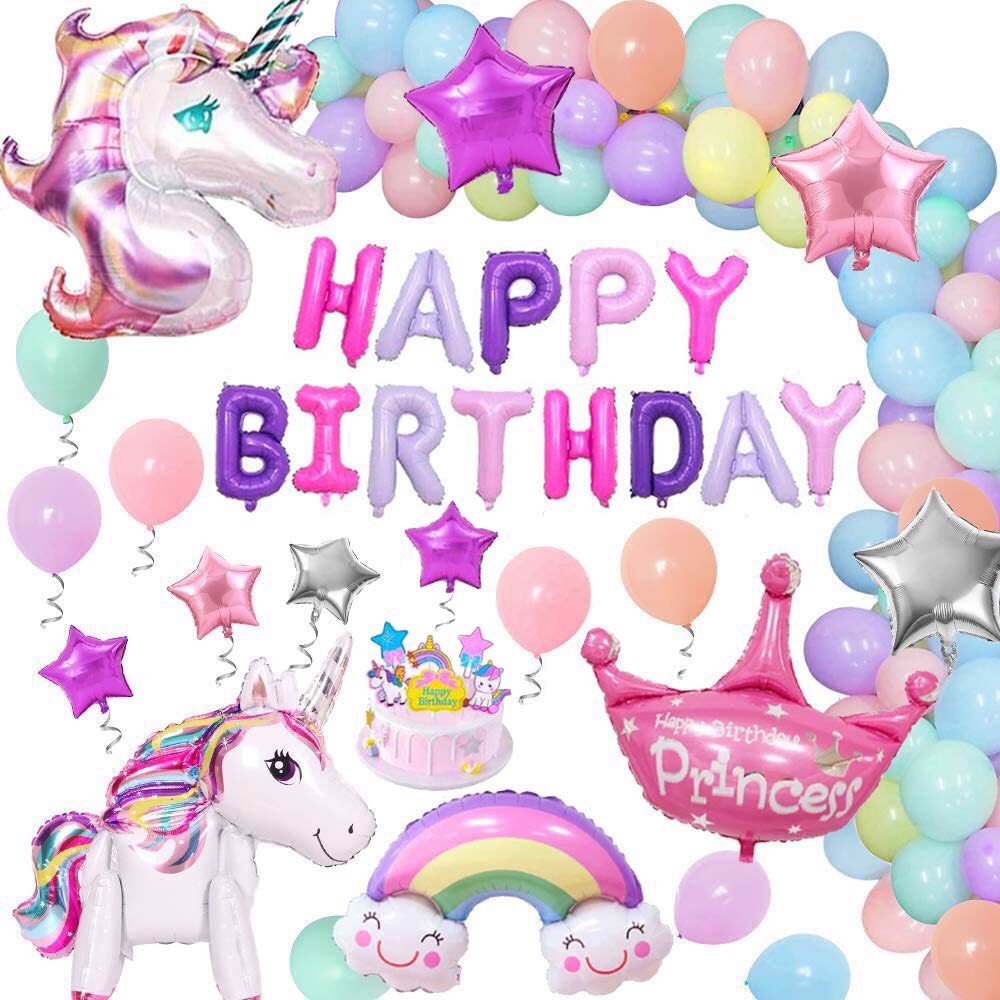Bộ bong bóng trang trí sinh nhật kỳ lân nhiệm màu unicorn theme upkp15