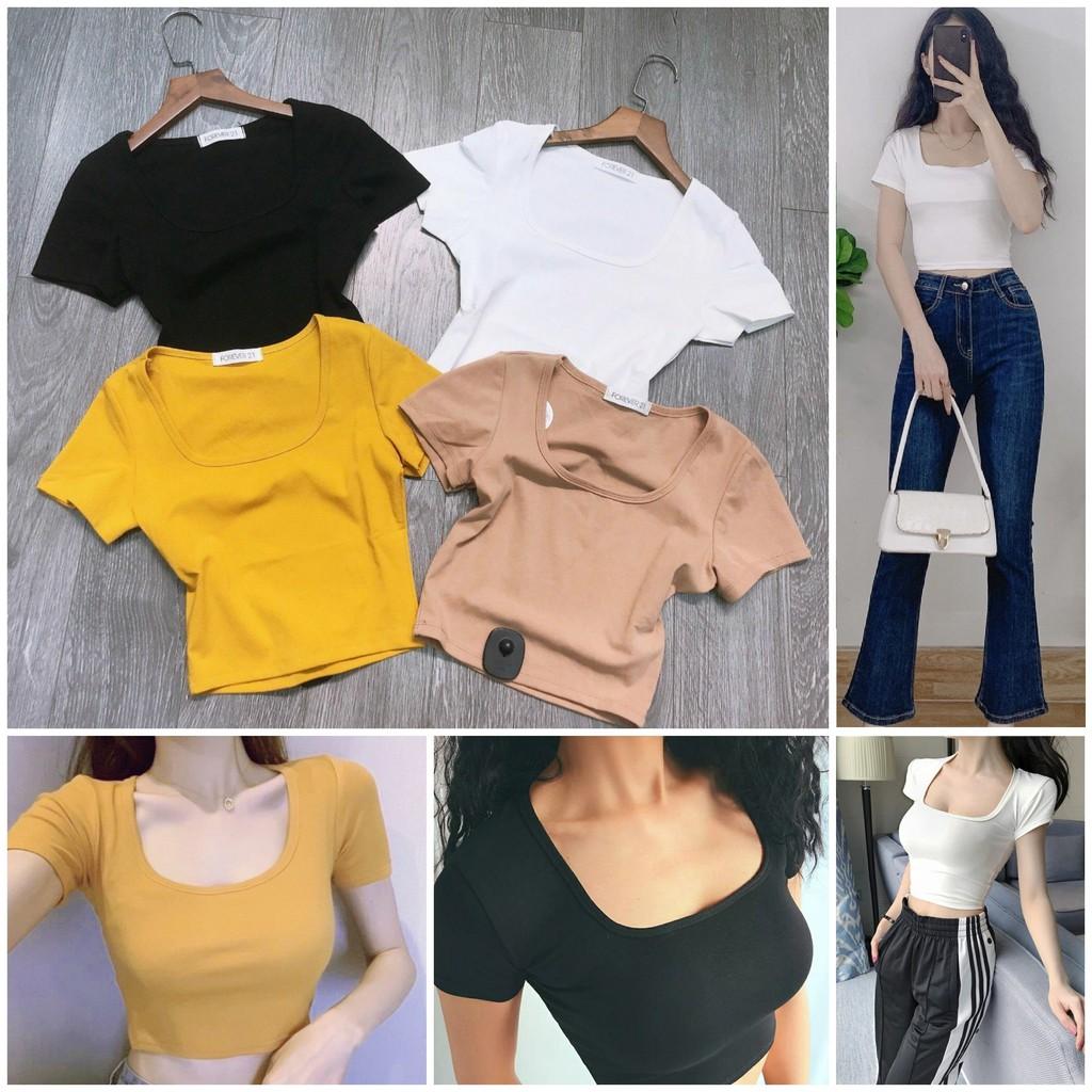 Áo croptop cổ vuông Basic, chất thun xịn Forever 21 co giãn 4 chiều thoải mái, cổ chữ U áo kiểu nữ trơn CRON 5