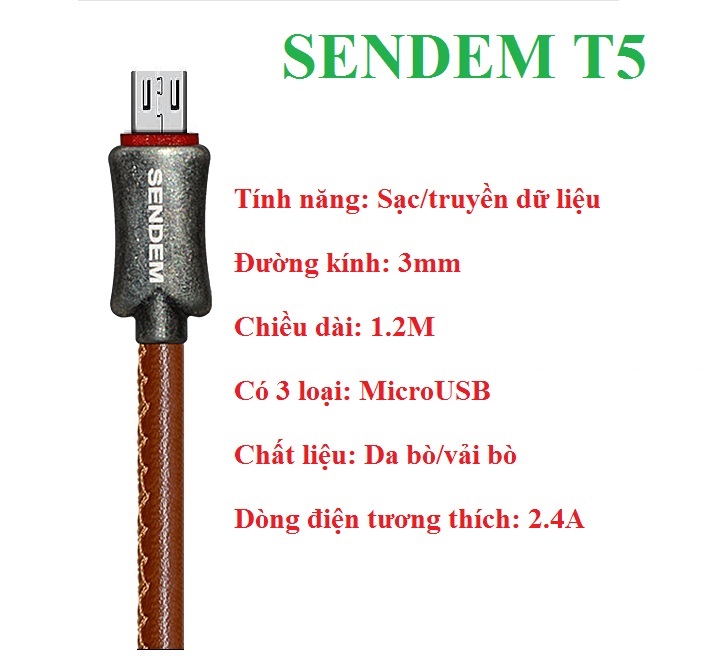 Cáp sạc MicroUSB King Kong Sendem T5 sạc nhanh bọc vải cao cấp - Hàng chính hãng