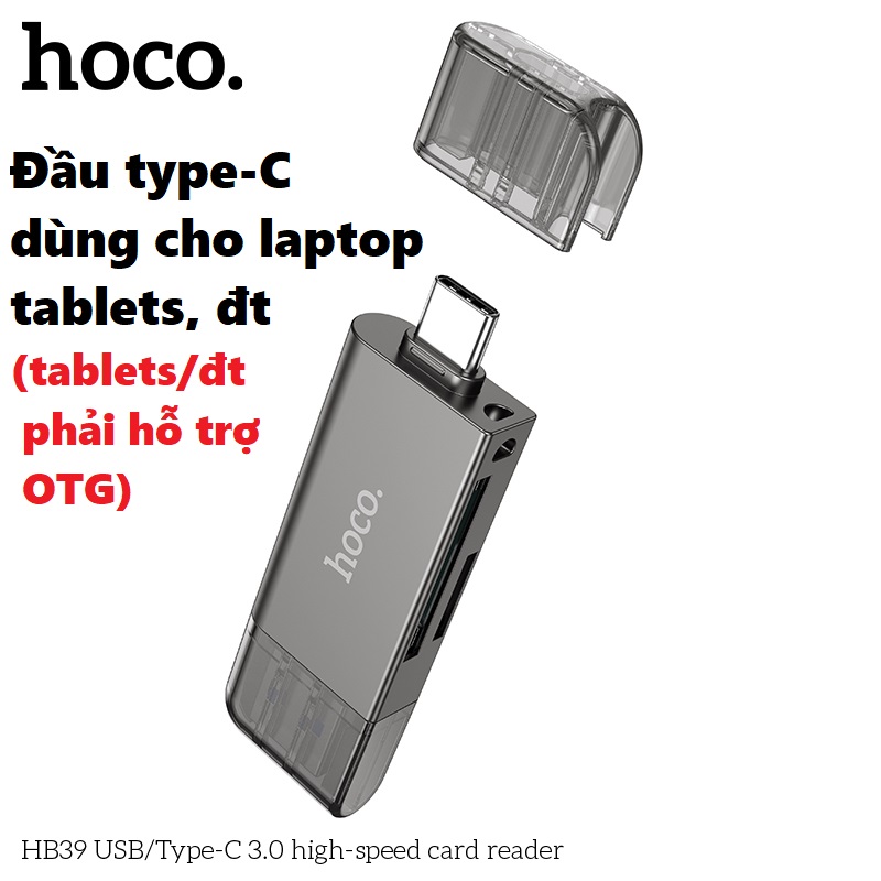 Đầu đọc thẻ nhớ đa năng chuẩn 3.0 hai đầu kết nối Usb và type C cho điện thoại laptop hoco HB39 _  hàng chính hãng