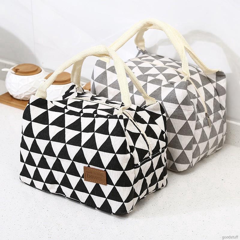 Túi đựng hộp đồ ăn xách tay mang đi picnic in họa tiết cá tính bằng cotton lanh