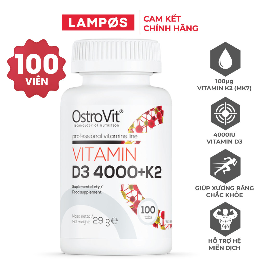 Viên uống bổ sung Vitamin D3 4000 + K2 (100 viên) OstroVit, Hỗ Trợ Hệ Miễn Dịch, Giúp Xương Răng Chắc Khỏe | Nhập Khẩu Ba Lan