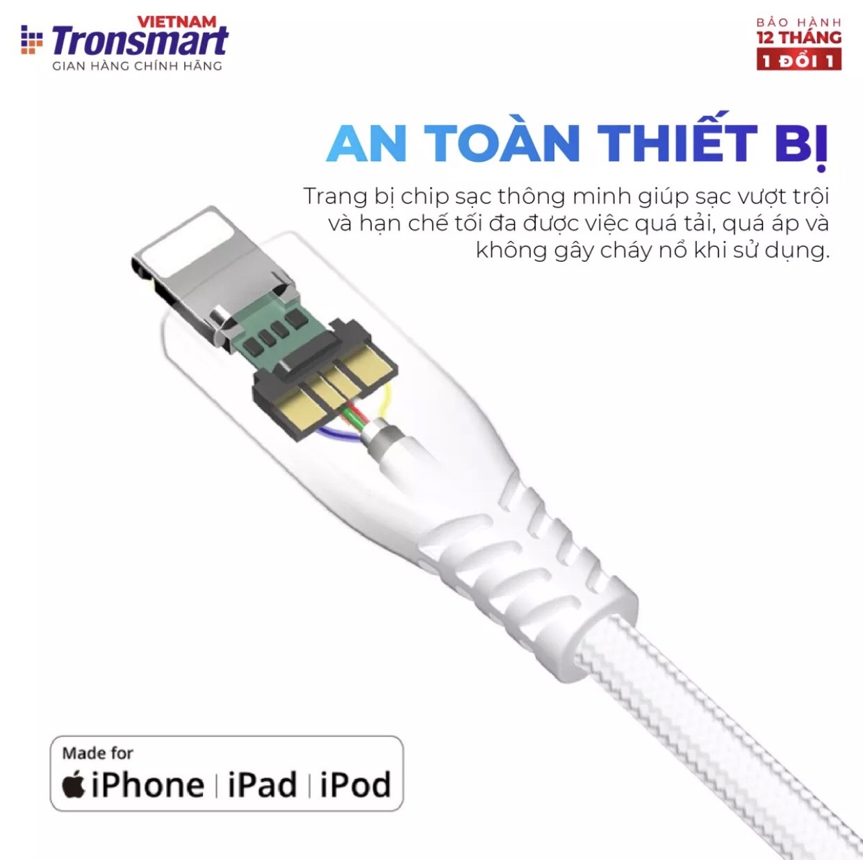 Cáp Sạc Tronsmart USB-C to Lightning Bện Nylon Siêu Bền, Hỗ Trợ Sạc Nhanh Power Delivery Cho Các Thiết Bị IOS, Trang Bị Chip Sạc Thông Minh Chống Quá Tải, Quá Áp, Dài 1.2m - Hàng Chính Hãng