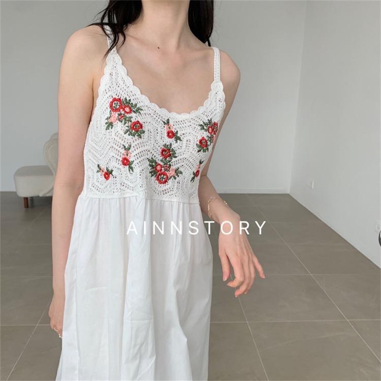 MS907 Váy đầm hai dây nữ đan móc thêu hoa đỏ đi biển