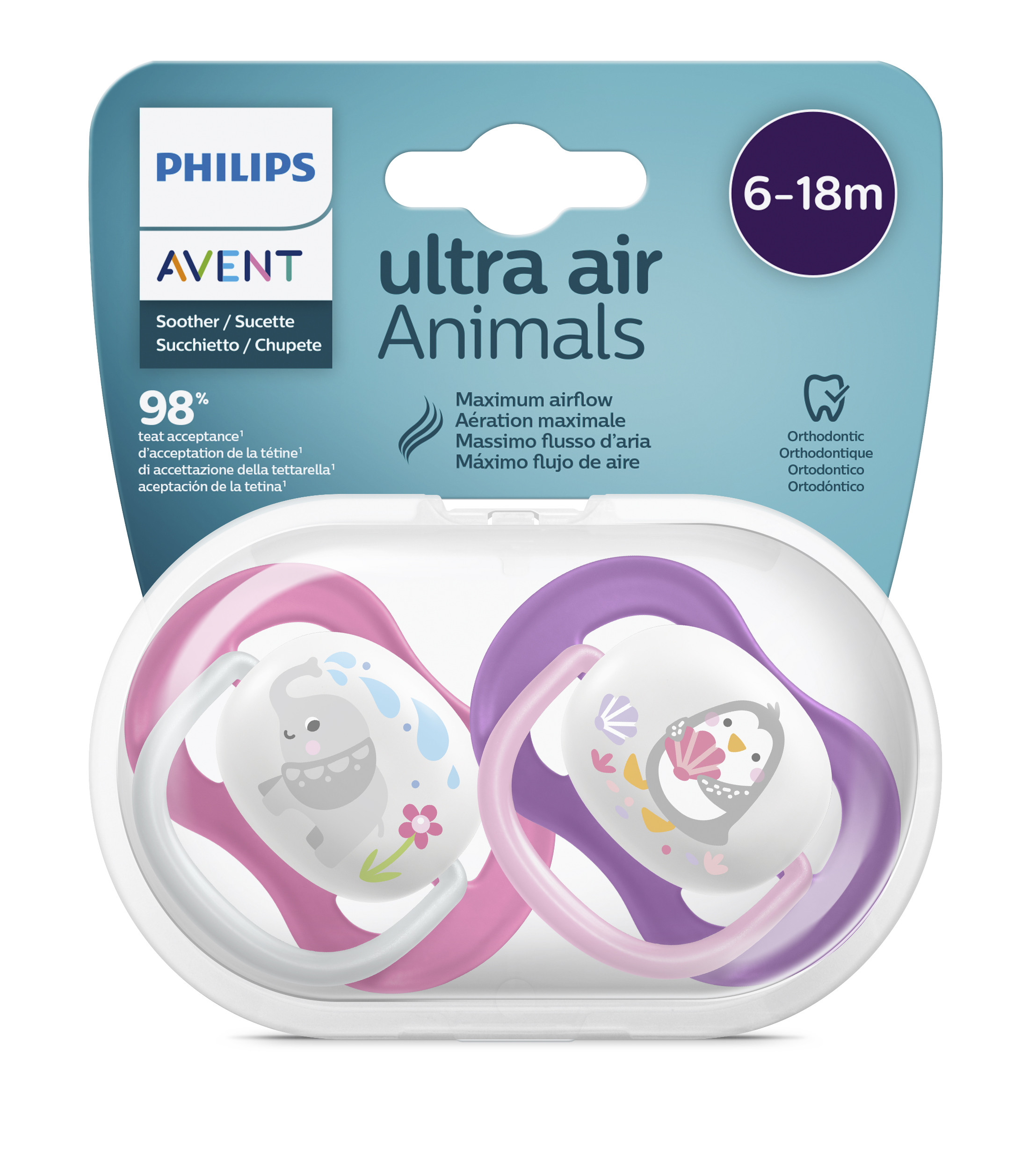 Núm ty ngậm thông khí Philips Avent hình thú cho trẻ từ 6-18 tháng tuổi _ vỉ đôi