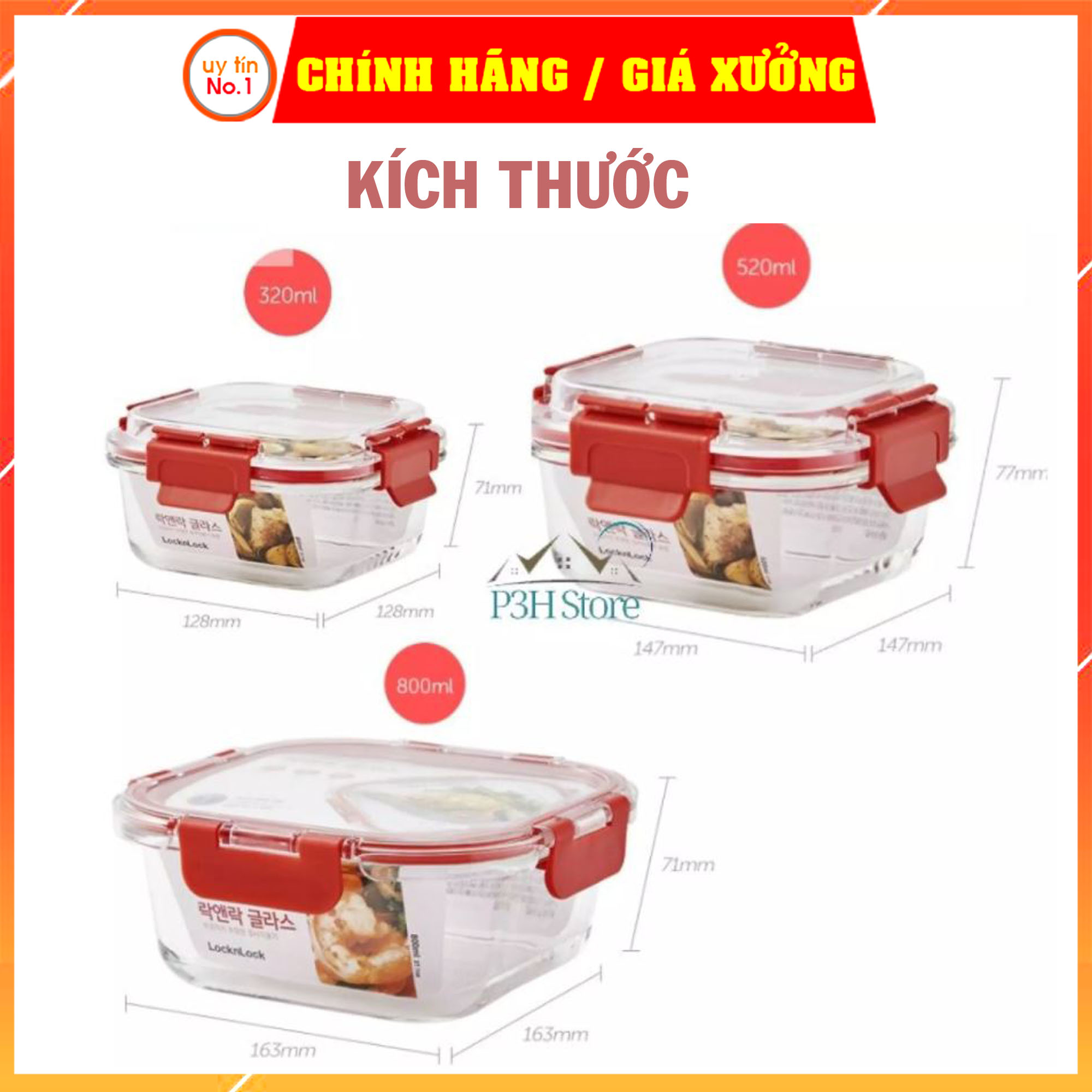 Hộp đựng thực phẩm Lock&amp;Lock chính hãng bằng thuỷ tinh LLG238 320ml LLG239 520ml LLG242 800ml nắp màu đỏ