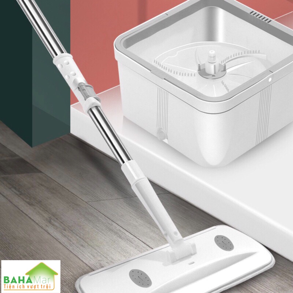 BỘ CÂY LAU NHÀ CHẬU VUÔNG PHẲNG, CÂY LAU HÌNH TRỤ ẤN XOAY TỰ ĐỘNG TÁCH NƯỚC BẨN "BAHAMAR" Nước sạch giặt giẻ lau và xoáy loại bỏ nước bẩn ra chậu ngoài một cách tách biệt luôn