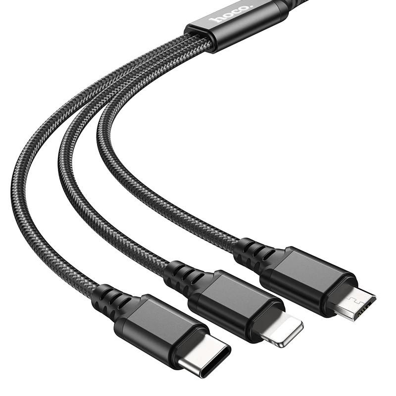 Cáp sạc nhanh 3 đầu Hoco X76 2A, dây sạc bọc dù đa năng, phù hợp với mọi loại dt hàng chính hãng