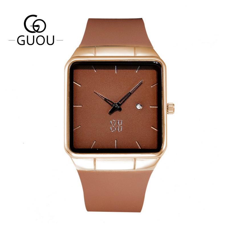 Đồng hồ đeo tay nữ chính hãng Guou mặt vuông đẹp có lịch viền vàng chống nước 8161