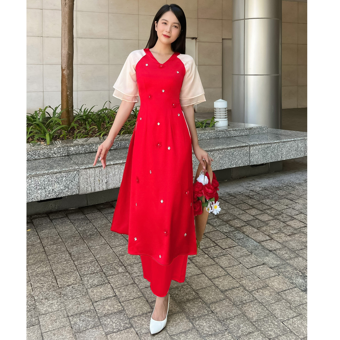 [HCM] Áo dài cách tân cổ V kết đá dễ thương AD025 - Lady Fashion - Khánh Linh Style