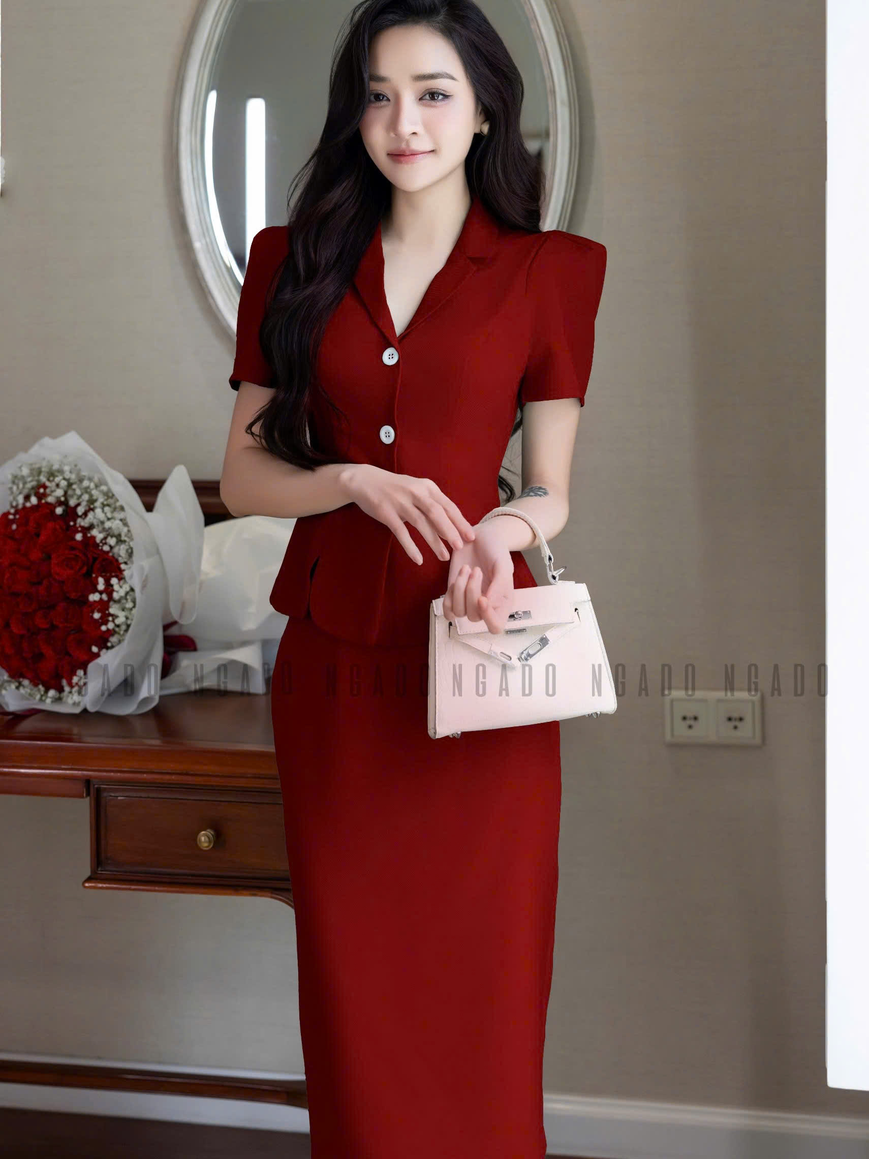 Set áo váy đỏ bút chì NGADO , set áo váy nữ , set công sở , set dự tiệc