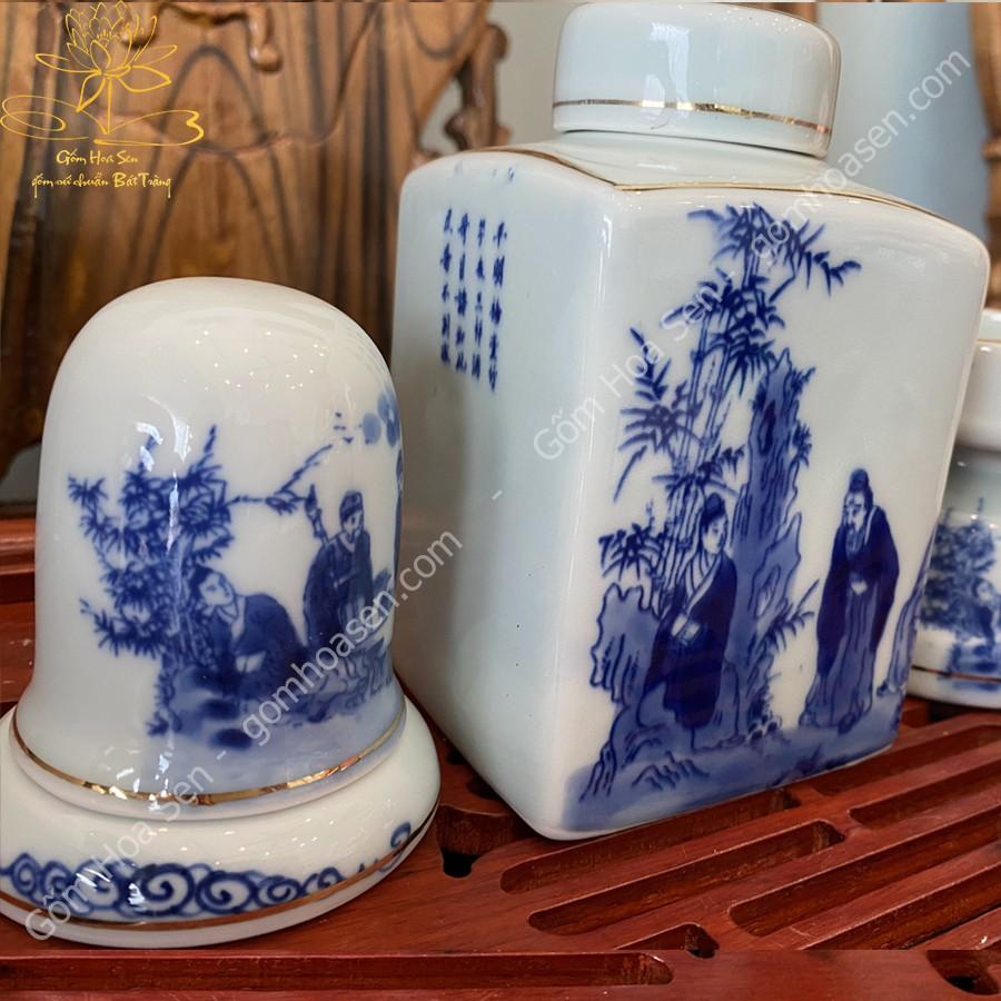 Phụ kiện lọ trà , gạt tàn , ống tăm sứ Bát Tràng cảnh trúc lâm thất hiền viền vàng 24k