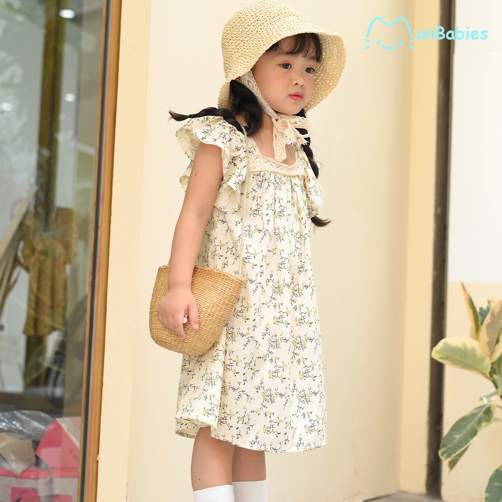 Váy bé gái cánh tiên phối ren chất đũi tằm họa tiết hoa nhí mặc nhà hoặc đi học đi chơi, cho bé từ 2-6t MonBabies VL77