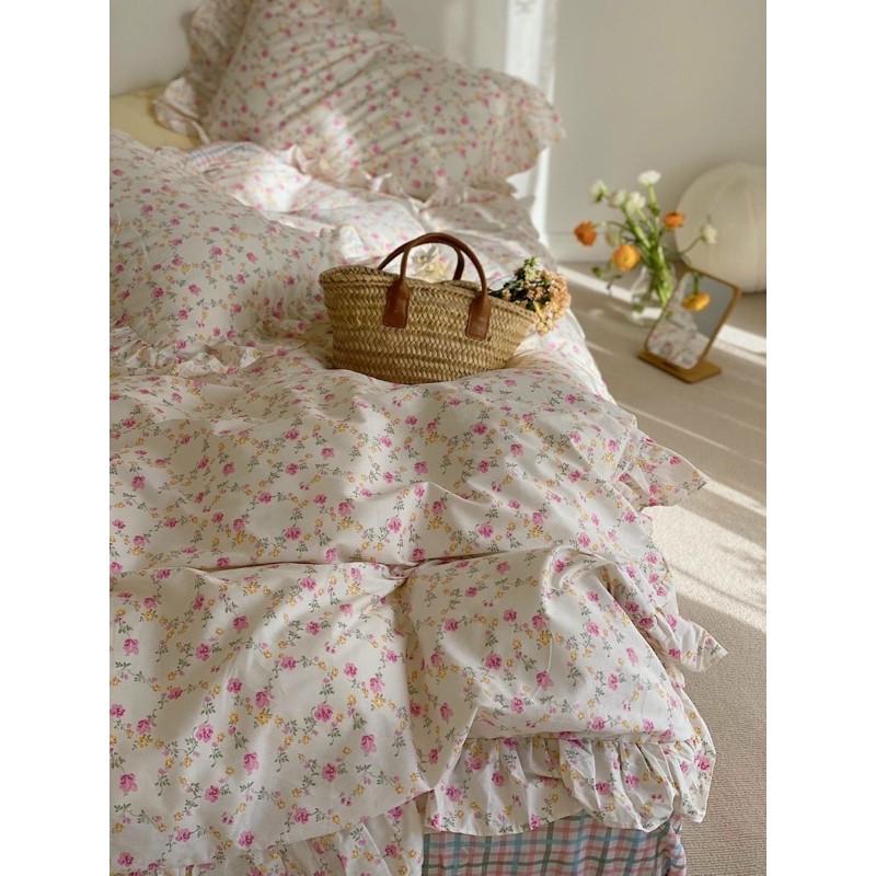Bộ Chăn Ga Cotton 100% Phong Cách Hàn vintage Hàng Nhập Khẩu Cao Cấp 4 Món