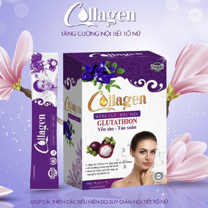 Colagen Măng Cụt, Đậu Biếc Zenpali - Hộp 30 gói Tặng Bình Pha Nước