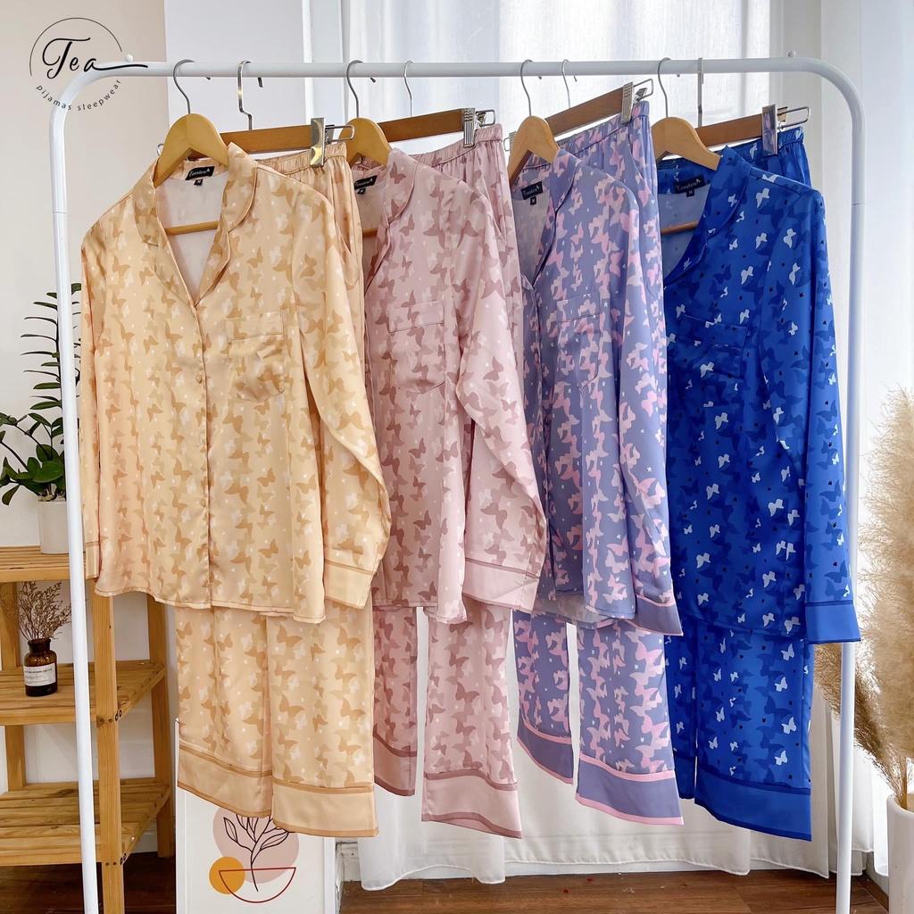 Bộ Mặc Nhà Pyjama Lụa Cao Cấp Tea Store Tay Dài Quần Dài Họa Tiết Cánh Bướm Be 2022
