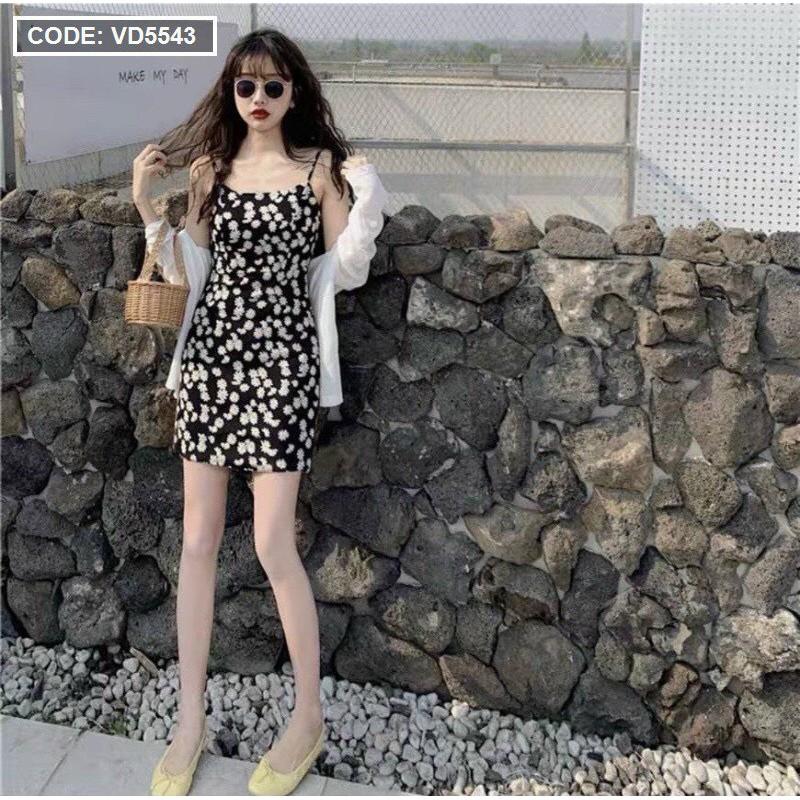 Set đầm 2 dây hoa đen kết hợp khoác trắng - VD5543