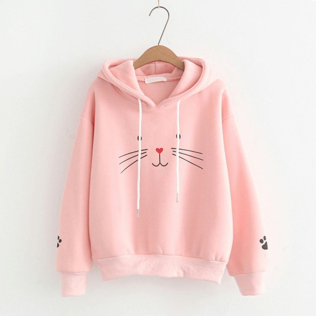 ÁO HOODIE NỮ ️️ áo khoác hoodie ( MẶT MÈO)  VẢI NỈ NHIỀU MÀU IN  AO HOODIE FREE SIZE DƯỚI 60KG dibbycloset