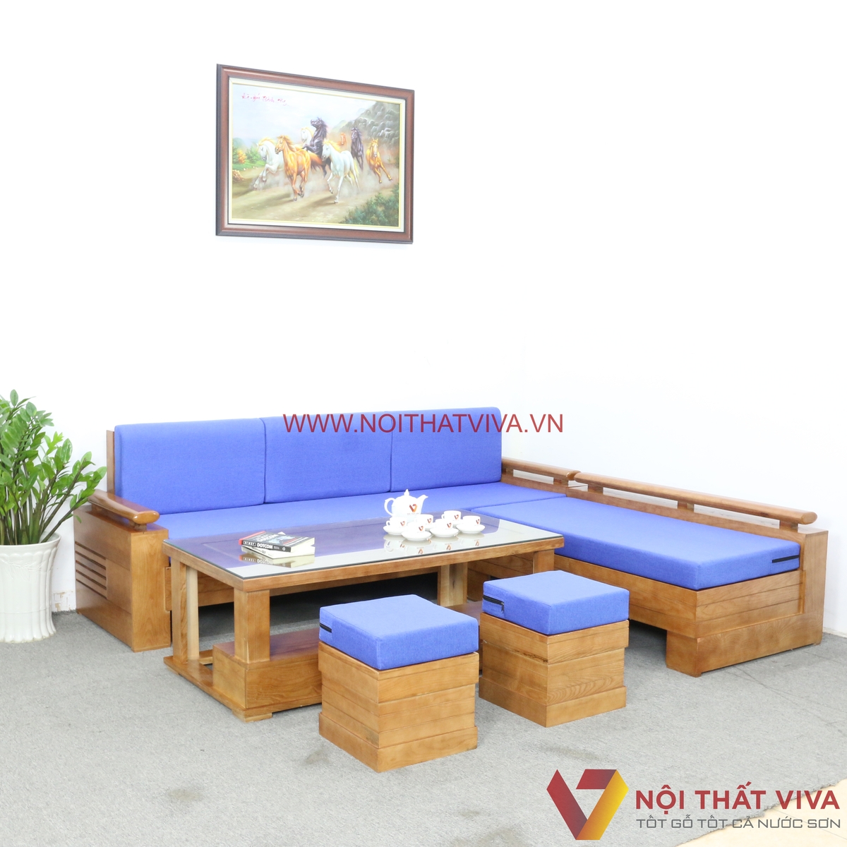 Bộ Bàn Ghế Phòng Khách Gỗ Sồi Nga Kèm Nệm Màu Xanh Dương Đẹp Giá Rẻ