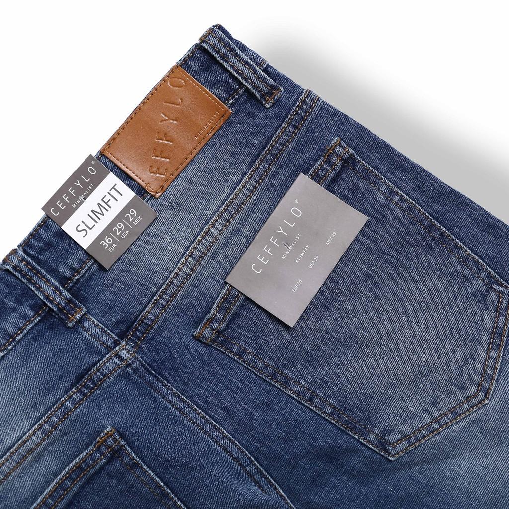 Quần Jeans rách gối Xanh Đậm nam form slimfit CEFFYLO , chất Jean thun co giãn nhẹ