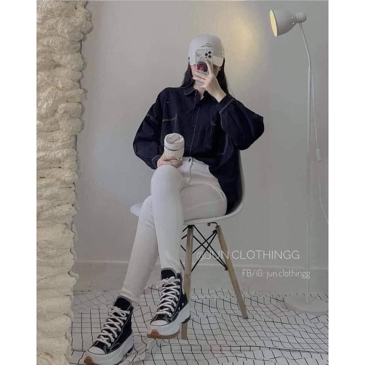 Áo Sơ Mi, Sơ Mi Nữ Fom Thụng OVersz, Chỉ Nổi Đen Trắng