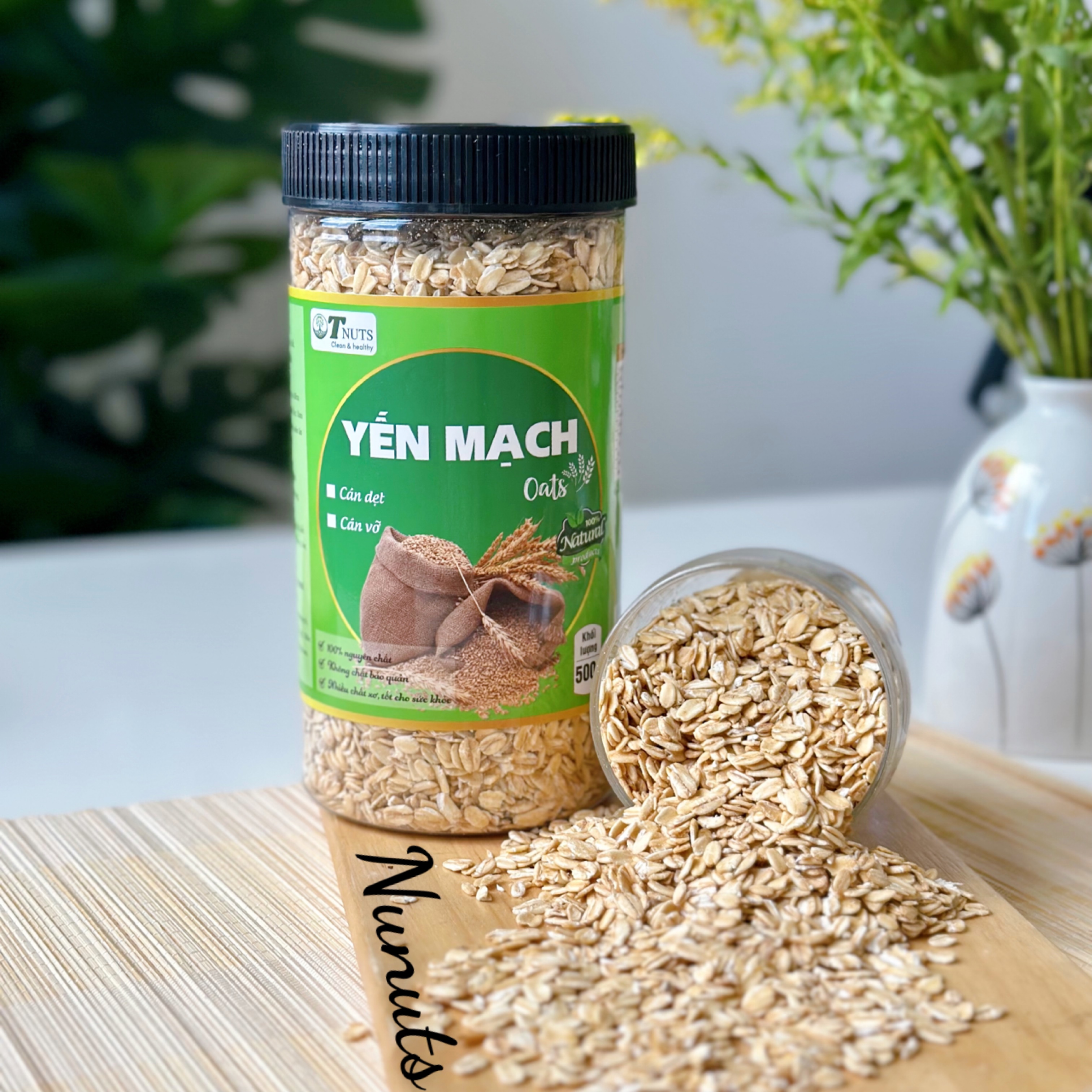 Yến mạch nguyên cám, hữu cơ Nunuts có cán dẹt và cán bể nấu cháo ăn dặm hoặc làm granola, sinh tố  hũ 500g